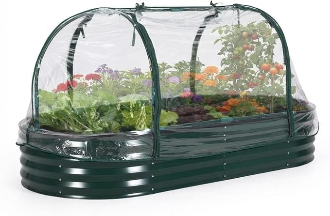 IDEALHOUSE 6'×3'×1' Oval Galvanized Steel Raised Garden Bed Kit with Removable Zippered PVC Cover &amp Open Base Outdoor Metal Planter Box for Vegetables Flowers Herbs Deep Green