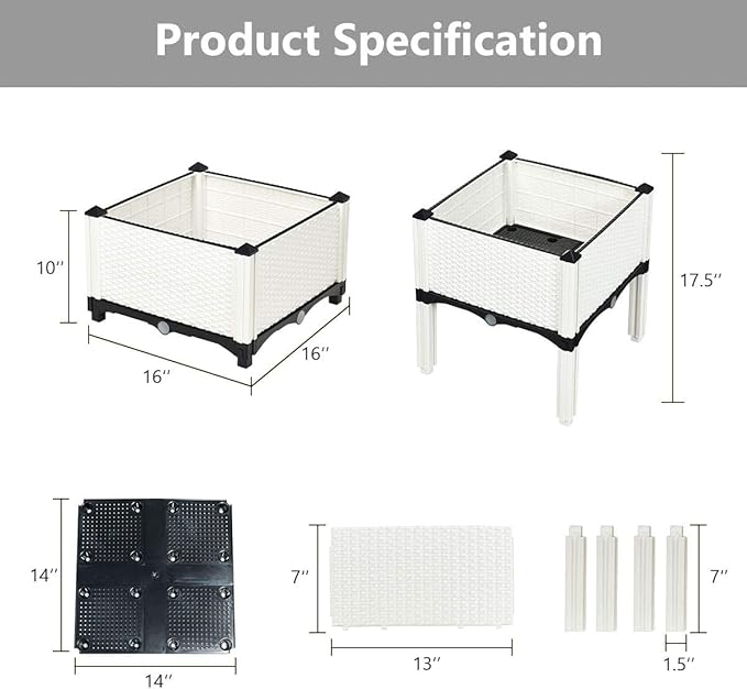 GRAFFY Set of 4 Raised Garden Bed Kits Elevated Garden Beds with Self-Watering Design Raised Garden Boxes for Flowers Vegetables and Herbs Planting Box Container for Patio Yard Balcony (White)