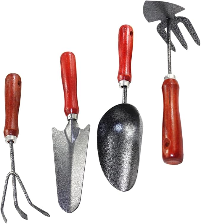 HOMSFOU Garden Tool Set 4pcs Small Hand Trowel Spade Shovel Rake Metal Gardening Tools for Planting Flower Beds and Soil Digging in Garden and Patio