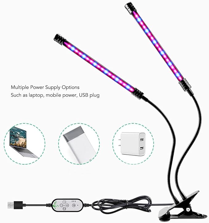 Fafeicy 30W Dimmable Plant Grow Light 5 Levels of Brightness with Timing Dual Head On LED Plant Lamp for Indoor Full Spectrum USB Powered for Indoor Plants