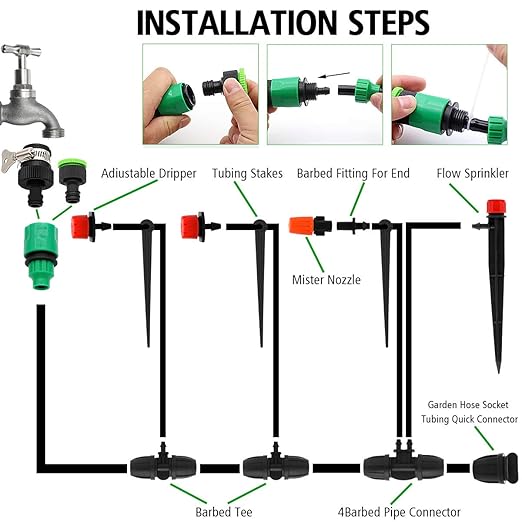 Drip Irrigation Kits 100ft/30M Garden Plant Watering Sprinkler System with Distribution Tubing Hose Adjustable Nozzles Automatic Mist Cooling Irrigation Set for Garden Lawn Patio