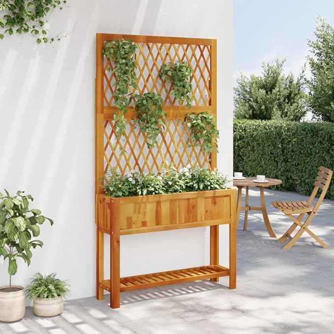 Wooden Planter with Trellis and Shelf Raised Garden Bed with Trellis Wood Planter Bed with Legs and Storage Shelf 39.4x12.6x72.8 Solid Wood Acacia-506