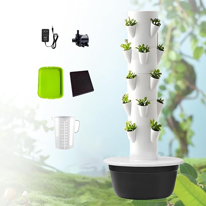 Hydroponics Growing System Vertical Tower with Hydrating Pump and Movable Water Tank Hydroponic Tower Garden Kit Hydroponic Planter Aquaponics Growing Kits Herb Garden Black-5Layer