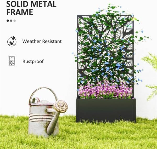 Metal Raised Garden Bed with Trellis Galvanized Planter Metal Planter Box with Trellis 24 L x 9.1 W x 44.5 H (Leaves)