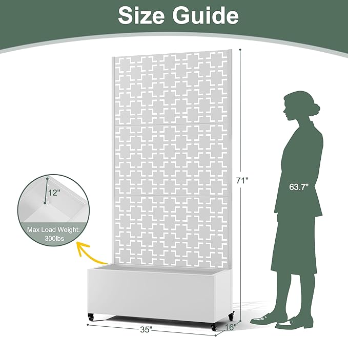 Raised Garden Beds Outdoor with Privacy Screen Metal Standing Planter Box with Trellis &amp Wheels Garden Boxes with Drainage Holes for Climbing Plants Flowers Vines (35L×16W×71H White Square