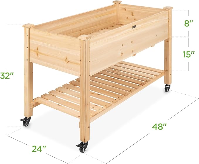 Best Choice Products Raised Garden Bed 48x24x32-inch Mobile Elevated Wood Planter w/Lockable Wheels Storage Shelf Protective Liner - Natural