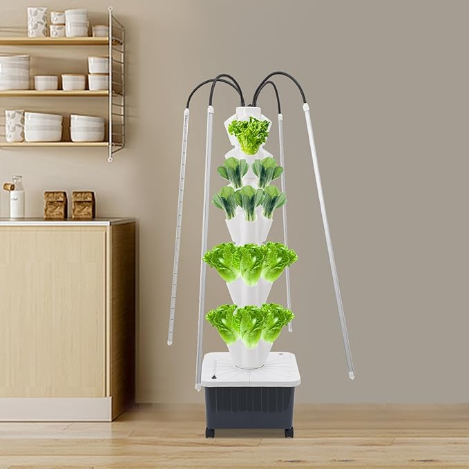 Hydroponic Growing System with Grow Lights 8 Layers Indoor Gardening System Vertical Planter Tower with 40 Pots for Vegetables Herbs (White)