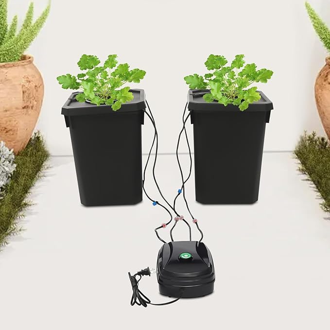 2 Buckets DWC Hydroponics Grow System with 5-Gallon Deep Water Culture Recirculating Drip Garden System Kit Hydroponics Growing System Kit with Air Pump &amp Top Drip Kit for Indoor Outdoor Plants