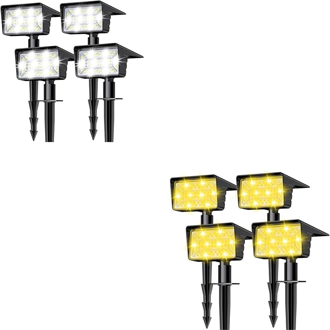 4 Pack Cool White&amp4 Pack Warm White Solar Spot Lights Outdoor with 60 LED &amp Auto On/Off Solar Lights Outdoor Waterproof IP68 with 3 Lighting Modes 2-in-1 Solars Landscape Light for Outside