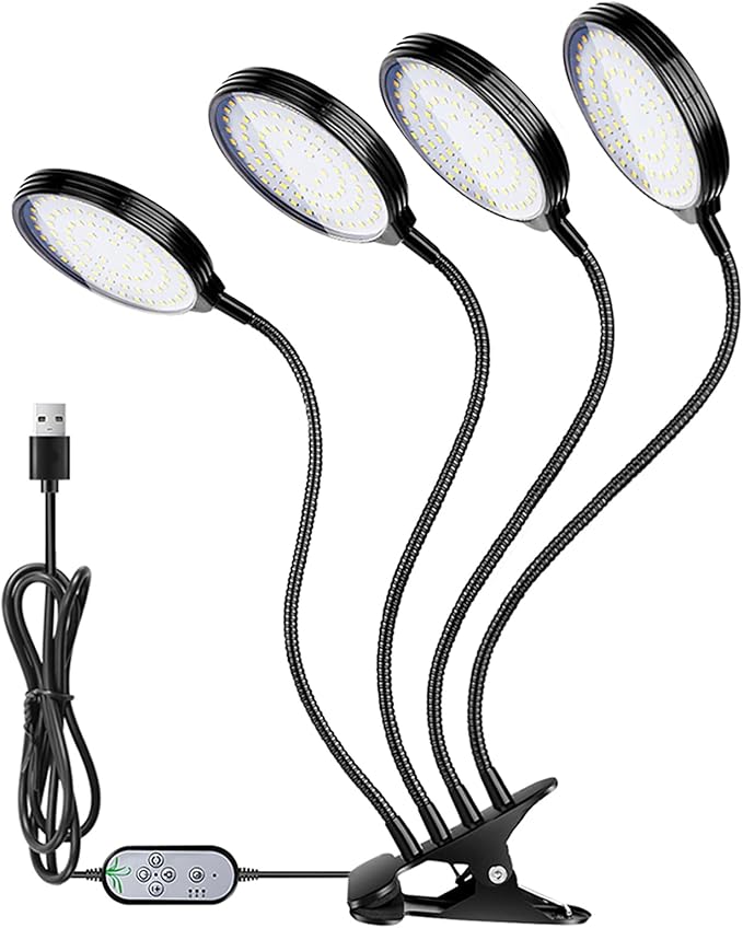 Drfeify 45W Plant Grow Light Adjustable Brightness 5 Dimmable Levels Full Spectrum Lighting with Timer 360° Flexible Tube IP66 Protection for Indoor Gardens Potted Plants Farms (4 Heads)