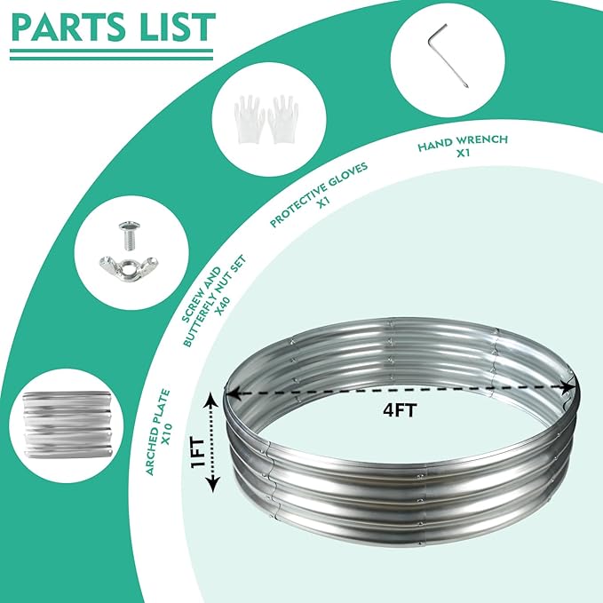 4FT Diameter Galvanized Garden Raised Bed/Plant Box/Fire Pit Ring-0.8mm Thick12 Inch TallCrimped Edge and CornerNo SharpePerfect for Plantings (Silver 48 Dia X 11.5 inches)