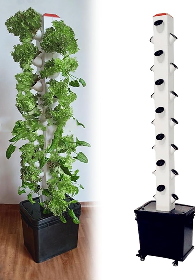 28 Holes Hydroponic Grow Tower Aeroponic Tower Garden System with Movable Water Tank Soilless Cultivation Grow Tower for Herbs Fruits and Vegetables