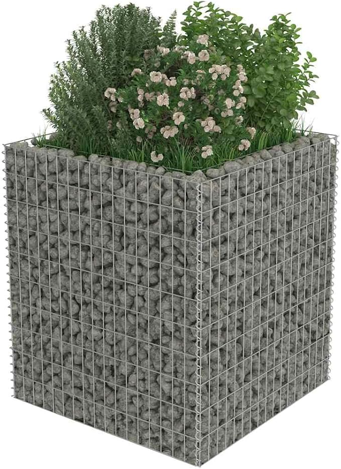 Galvanized Steel Gabion Raised Bed 35.4x35.4x39.4 in Silver Industrial Planter Square Outdoor Garden Fence Accent for Patio Backyard and Courtyard