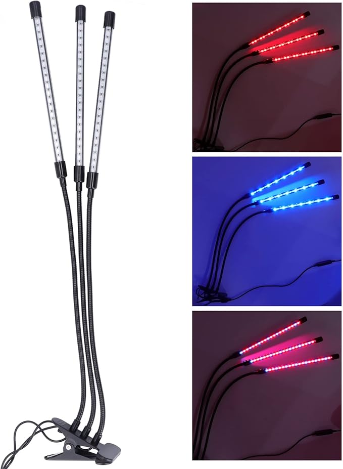 3 Head LED Grow Light with Adjustable Angle Red Blue Light Modes USB Powered Timing Function - Energy Efficient Plant Light Indoor Grow Lights for Plants Growing Suitable for