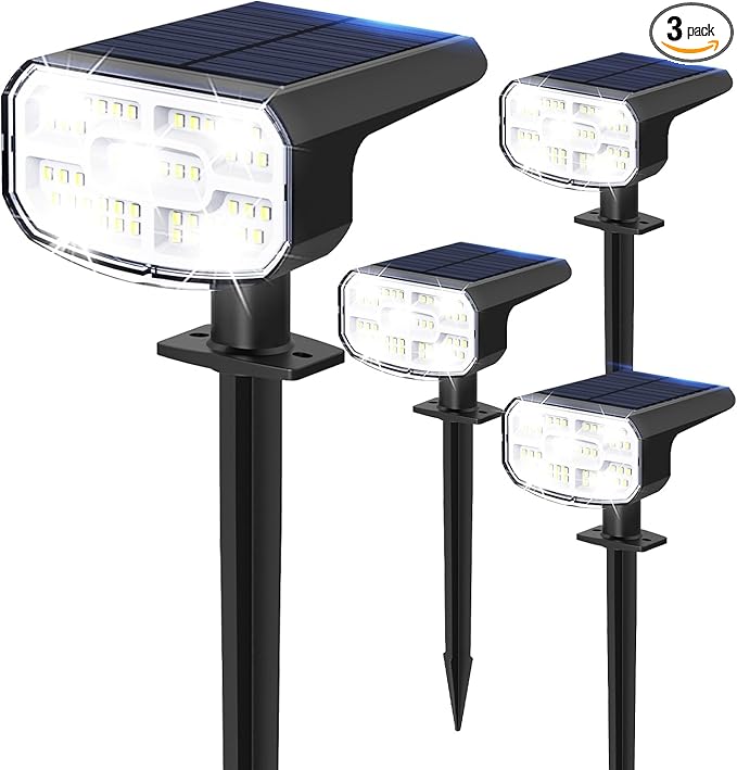Solar Lights Outdoor Waterproof IP65 Super Bright LED 6500K 2 Lighting Modes Solar Powered Yard Garden Solar Spot Lights for Outside Landscape Auto On/Off -4 Pack