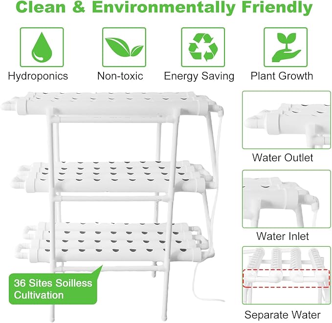 Hydroponic Grow Kit 3 Layer 180 Plant Sites Hydroponics Growing System 12 Food-Grade PVC-U Pipes Gardening System for Indoor Vegetable Flower and Fruit Growing