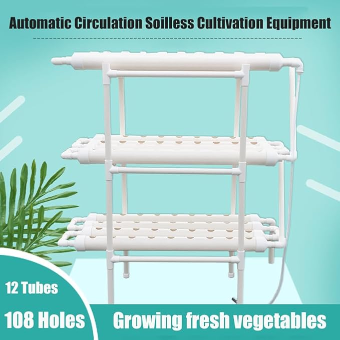 Hydroponics Growing System Kit 3 Layers 12 PVC-U Pipes Gardening System Grow Kit 108 Plant Sites with Water Pump Timer Nest Basket and Sponge for Leafy Vegetables