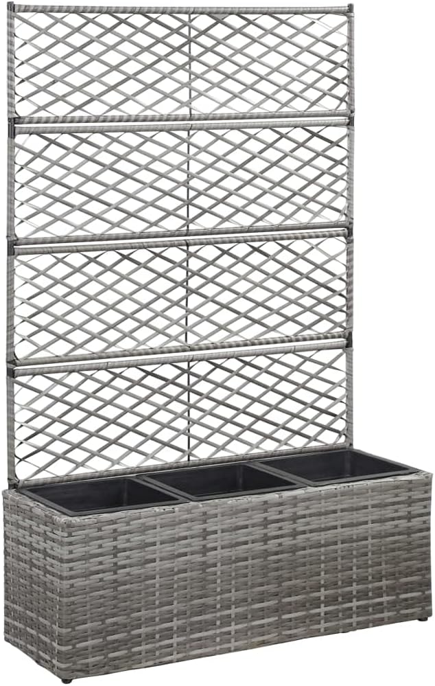 YAFF Trellis Raised Bed with 3 Pots 32.7x11.8x51.2 Poly Rattan Gray(Gray)