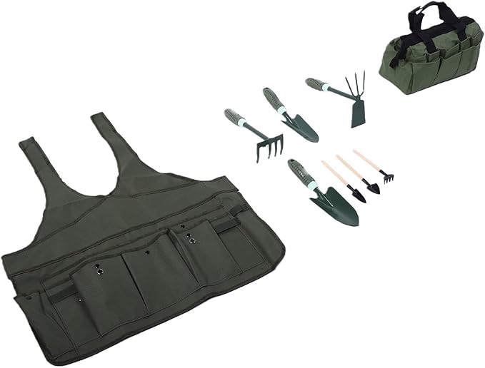 Gardening Tool Set Lightweight 9 Piece Ergonomic Hand Tool with Dual Head Hoe Rakes Shovels Apron Tote Bag for Home Lawn Farm Planting Weeding Birthday Gift for Women Men