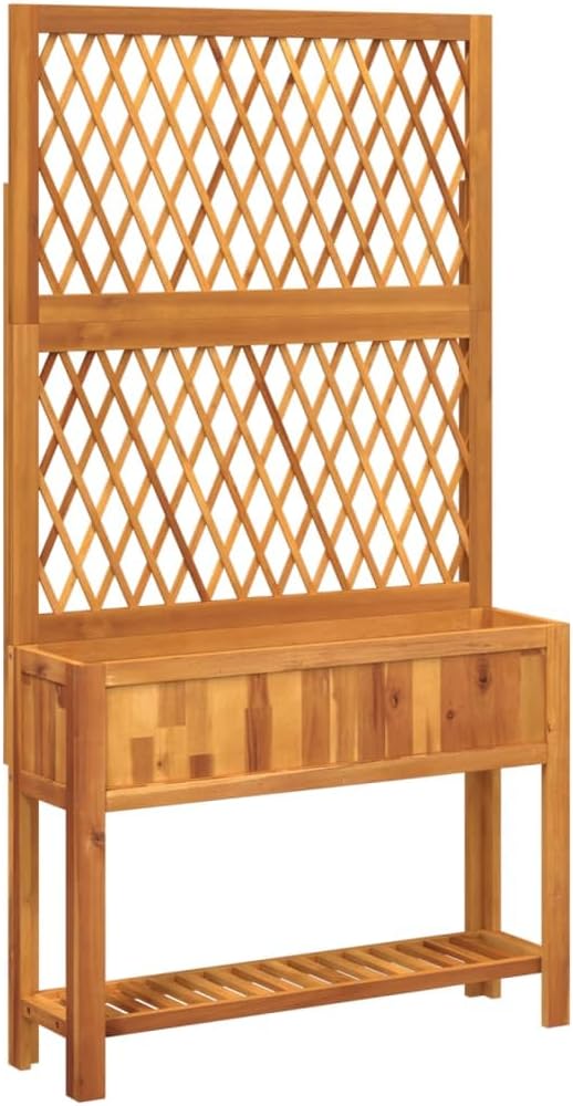 Wooden Planter with Trellis and Shelf Raised Garden Bed with Trellis Wood Planter Bed with Legs and Storage Shelf 39.4x12.6x72.8 Solid Wood Acacia-506