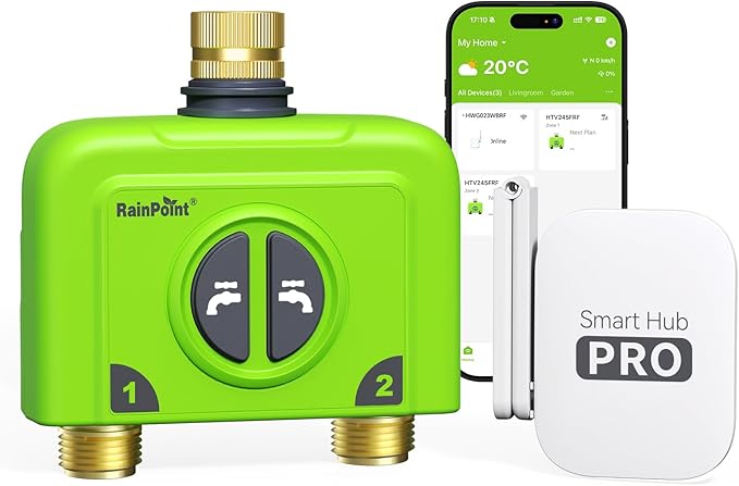 RAINPOINT WiFi Water Timer for Garden Hose 2 Zone WiFi Sprinkler Controller Smart Hose Timer Valve Automatic Drip Irrigation System/Rain Delay for Garden/Lawn (Brass Inlet &amp Outlet WiFi Gatewa