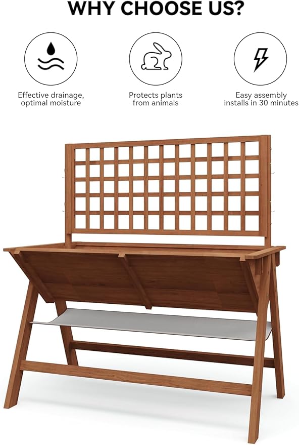 Raised Garden Bed with Legs 52x30x54In Wooden Planter Box with Trellis Outdoor Standing Vertical Horticulture Trellis Planter with Drainage Holes for Vegetables Flowers and Herbs Brown