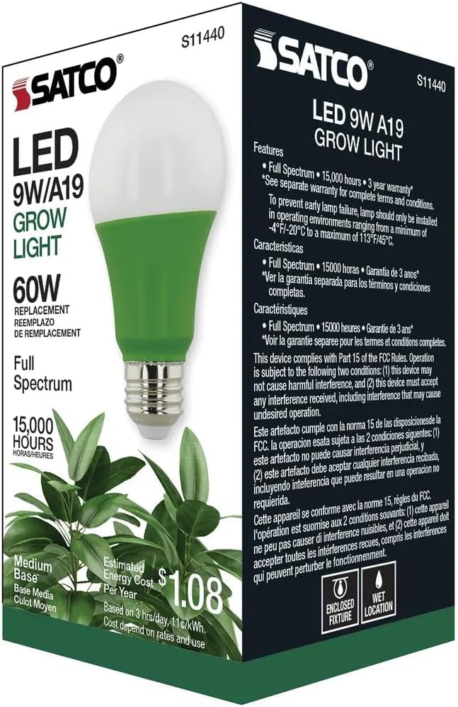 Satco S11440 9 Watts A19 LED Full Spectrum Plant Grow Lamp Medium Base 120 Volt Help Grow Ornament Plants and Succulents for Wet Rated Locations Green (12 LED Light Bulbs)