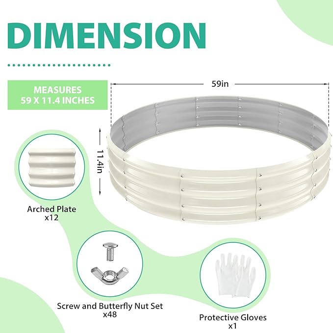 5FT Diameter Galvanized Garden Raised Bed/Plant Box/Fire Pit Ring - 0.8mm Thick12 Inch TallPerfect for Planting a Variety of FlowersHerbsVegetables (Cream White 60 Dia X 12 inches)
