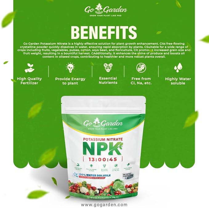 Go Garden Potassium Nitrate KNO3 NPK 13-0-45 Fertilizer | 100% Water Soluble Crystalline Powder | Multi-Purpose for Indoor &amp Outdoor Plants | Enhances Growth &amp Resistance | 900 G