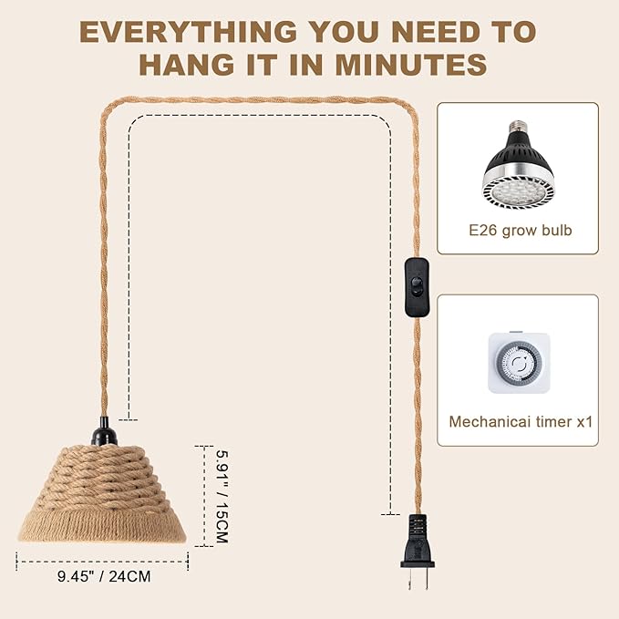 LED Plant Growth Light 30W Full Spectrum Indoor Suspended Lamp 4000K with Timer 15FT Power Cord for Tall Leafy and Flowering Plants