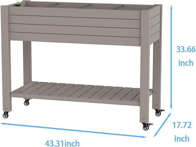 Elevated Raised Garden Bed with Legs 43.31×17.72×33.66 Divisible Resin Planter Box with Lockable Wheels Drain Plug &amp Water Monitor for Plants Vegetables (Grey)