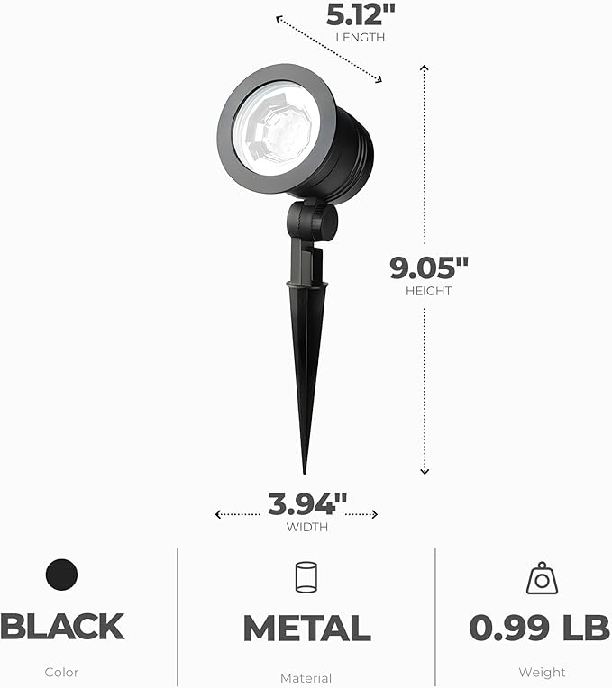 Four Seasons Courtyard Fusion Wired Low-Voltage LED Spotlight Metal Outdoor Patio Lawn Landscape Ground Stake Light with Adjustable Head 1000 Lumens Black