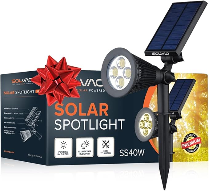 SOLVAO Solar Spot Light for Outdoor | Ultra Bright Wireless IP65 Waterproof | Auto On/Off Adjustable 270° | for Driveway Landscape Fence Yard Palm Tree | Keep All Year Long | Warm White