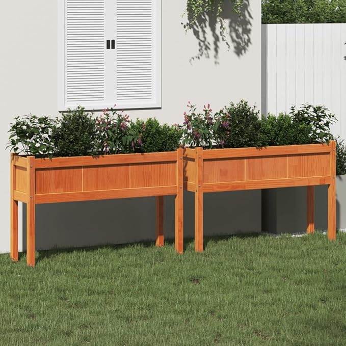 2pcs Wooden Garden Planter Box Stand with Legs Wooden Raised Garden Bed with Legs for for Backyard Patio Balcony Wax Brown Solid Wood Pine-319
