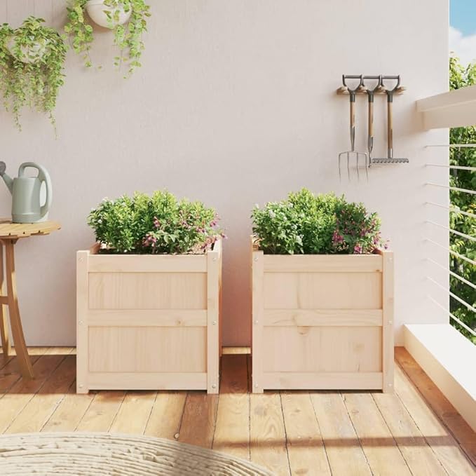 Natural Pine Solid Wood Garden Planter Set of 2 Square Large Outdoor Planters Brown for Garden Balcony Patio with Rustic Charm and Customizable Inlays
