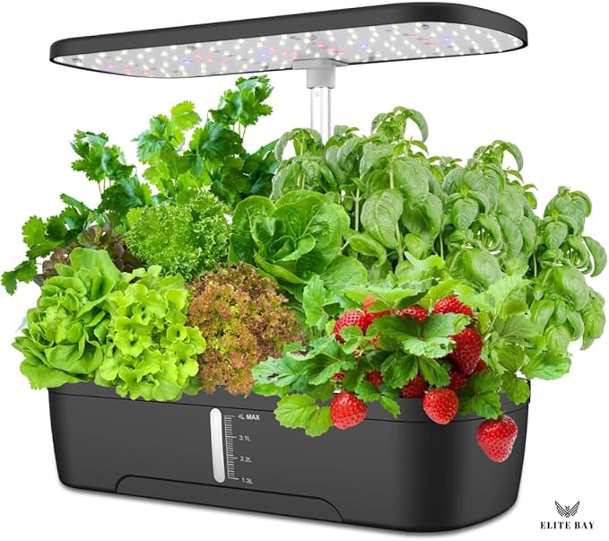 ELITE BAY-Hydroponic Growing System with 12 Pods – Smart Garden with LED Display Full-Spectrum Grow Light &amp 4L Water Tank | AU/US Plug | Soil-Free Planter Kit | Black |for Home Office &amp Kitc