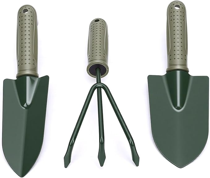 Premium Iron Garden Tool SetY001 with Ergonomic Handle Wide and Narrow Shovel 3 Prong Rake and Storage Bag for Gardening Suitable for Weeding Digging Transplanting Planting