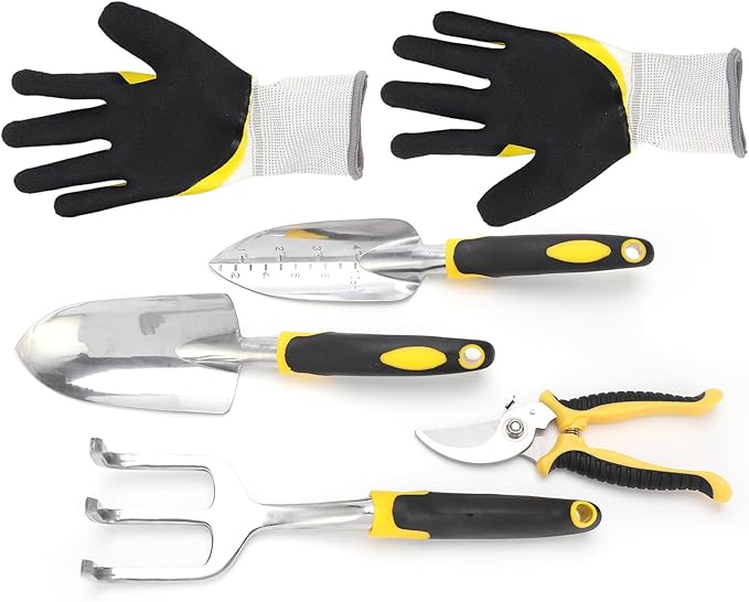 Gardening Tool Kit Garden Tool Set Transplanting Spade Pruner Heavy Duty Cast Aluminum Head Ergonomic Wood Handle for Planting Transplanting Small Plants Flowers 5Pcs Set
