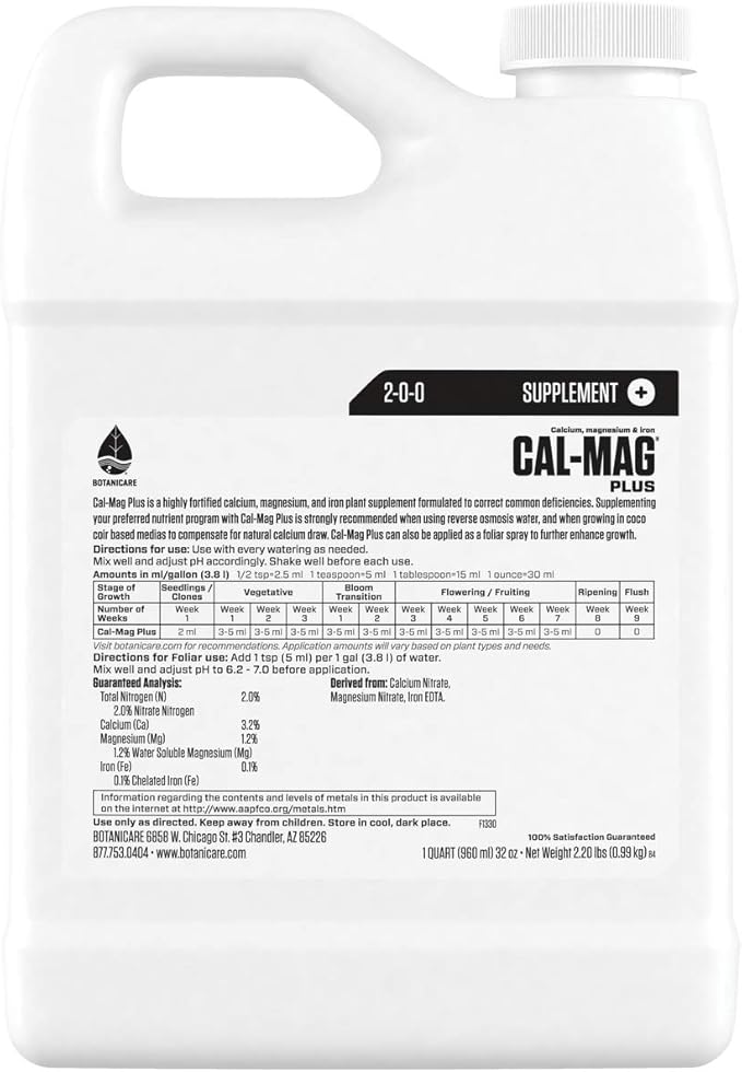 Botanicare Cal-Mag Plus A Calcium Magnesium And Iron Plant Supplement Corrects Common Plant Deficiencies Add To Water Or Use As A Spray 2-0-0 NPK Quart