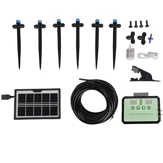 Fockety Drip Irrigation System Solar Automatic Drip Irrigation Kit with Timer Rainwater Collector and Adjustable Nozzle Automatic Watering System for Plants Indoor Outdoor (Black)