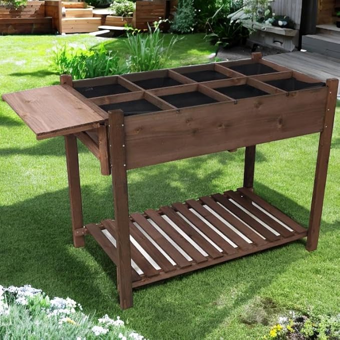 Raised Garden Bed with 8 Grow Grids Foldable Table Ledge and Fabric Liner Perfect Planter Boxes Outdoor for Vegetables Herbs and Flowers Raised Flower Bed for Gardening (Brown2)