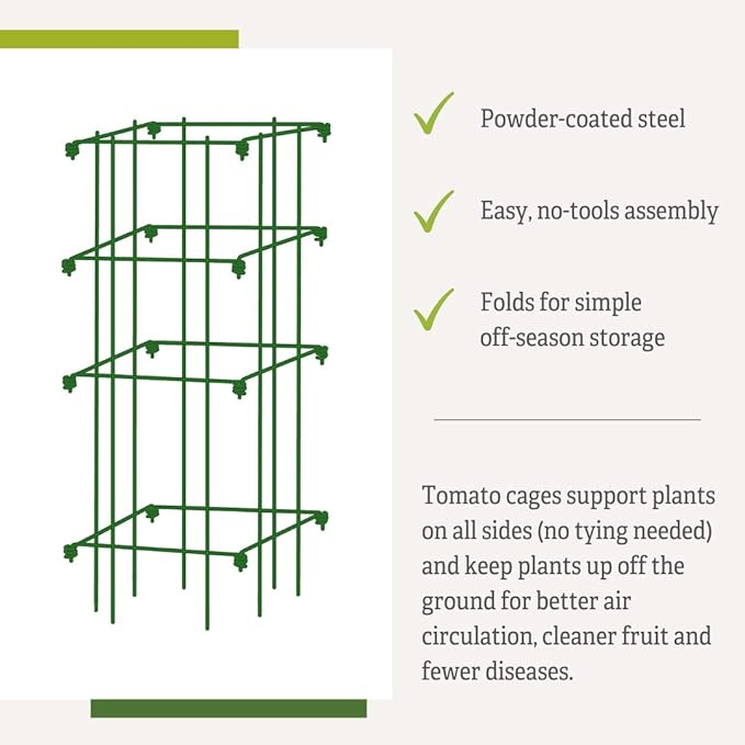 Gardener’s Supply Company Lifetime Tomato Cages | Heavy Gauge Sturdy Garden Plant Supports for Vegetables and Other Climbing Plants | No Assembly Needed - Green (Set of 4)