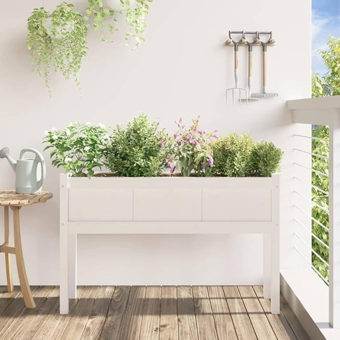 White Solid Pine Wood Garden Planter 43.3 inch Square Raised Garden Bed Outdoor Planter Box for Flowers Herbs Vegetables Durable Finish