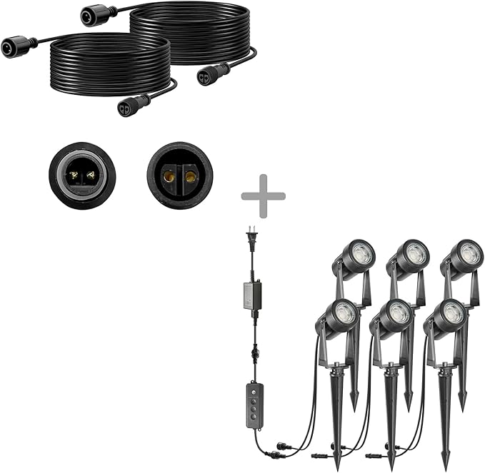SUNTHIN 6 Pack Landscape Lighting with Dusk to Dawn Sensor Controller Bundle with 2pcs 6.5FT Extension Cord