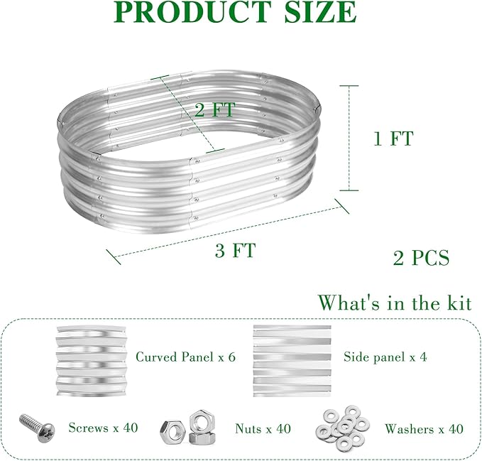 2 Pack 3 x 2 x 1 Ft Galvanized Raised Garden Bed Kit Outdoor Oval Planter Box for Vegetables Flowers Herbs Deep Rooted Silver