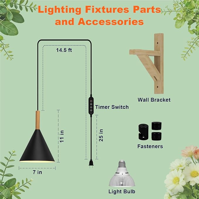 Hanging Grow Lights for Indoor Plants 20W Full Spectrum Plant Lamp with Timer Adjustable Height Wall-Mounted 3000K Growlight with 14.5 ft Power Cord for Greenhouse Garden Large Plants (Black)