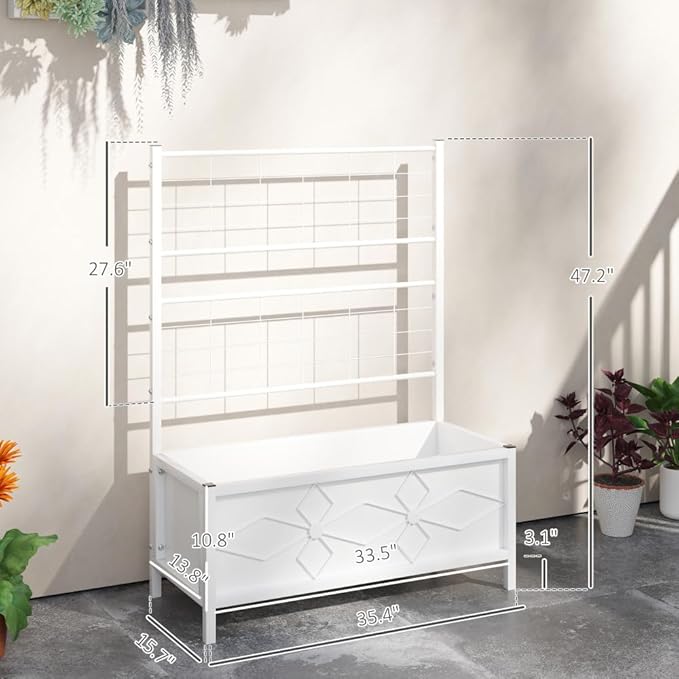 Galvanized Steel Raised Garden Bed with Trellis Support for Climbing Plants – Durable Outdoor Planter Box for Vegetables and Flowers (White + Steel)