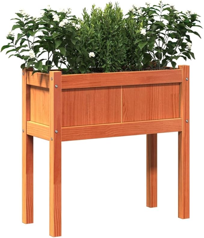 Wooden Garden Planter Box Stand with Legs Wooden Raised Garden Bed with Legs for for Backyard Patio Balcony Wax Brown 27.6x12.2x27.6 Solid Wood Pine-317