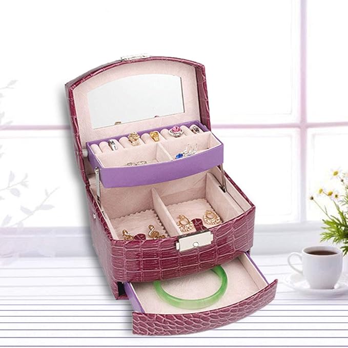 3 Layer Jewelry Storage Box Organizer for Rings Necklaces and More(4.72x5.12x5.91-Purple)
