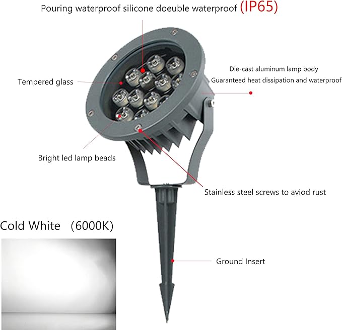Kiven LED Landscape Spotlight Outdoor with Automatic TimerIP65 Waterproof Garden Spotlights12W 110V Yard Flood Light with Spiked Stand Lawn Lights6000K LED Wall Lights with 9.84FT Wire for Patio